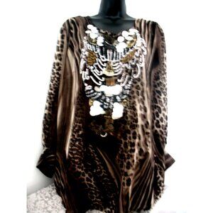 Changes by Together Stretch Abstract Print Black/Tan/Silver beading, Size 18